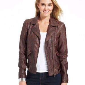Kut from the Kloth Vegan Leather Jacket Burnout Brown Full Zip Moto Medi…